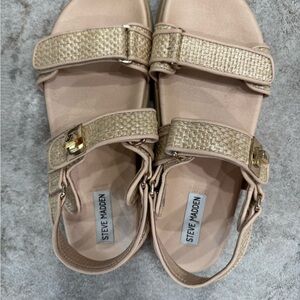 Steve Madden Gold Woven-Strap Sandals with Cream Footbed